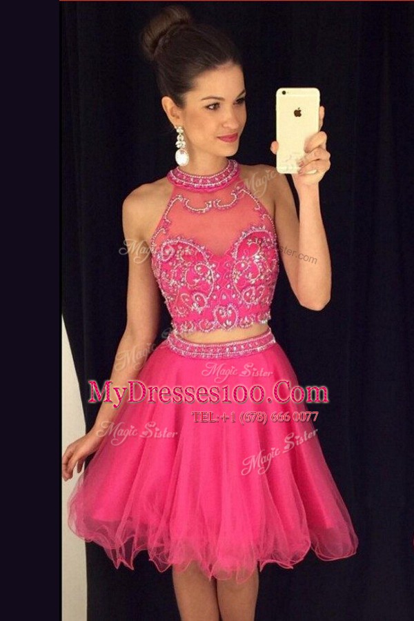Scoop Beading Prom Gown Hot Pink Zipper Sleeveless Mini Length