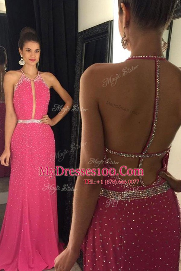 Hot Pink Elastic Woven Satin Backless Scoop Sleeveless Evening Party Dresses Sweep Train Beading