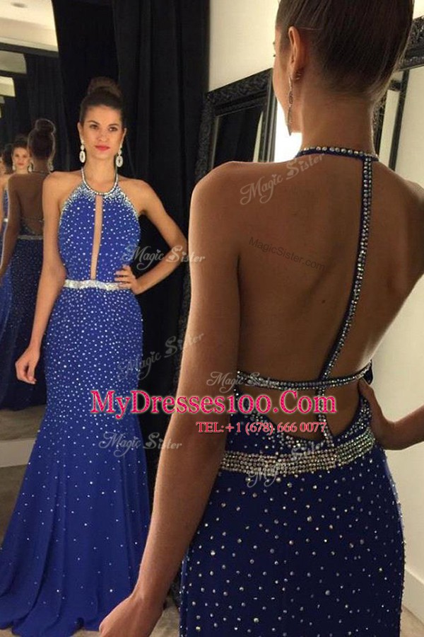 Hot Pink Elastic Woven Satin Backless Scoop Sleeveless Evening Party Dresses Sweep Train Beading