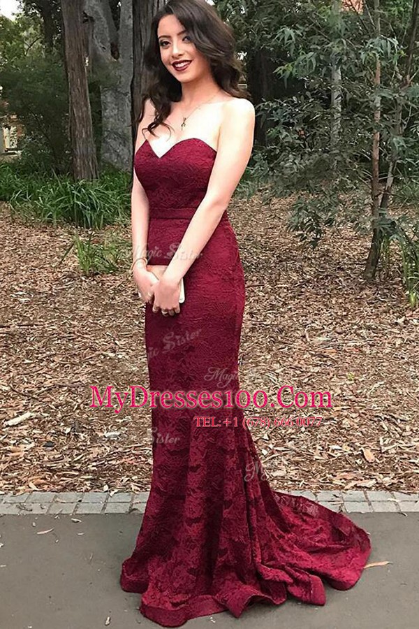 Mermaid Burgundy Evening Dress Sweetheart Sleeveless Sweep Train Lace Up