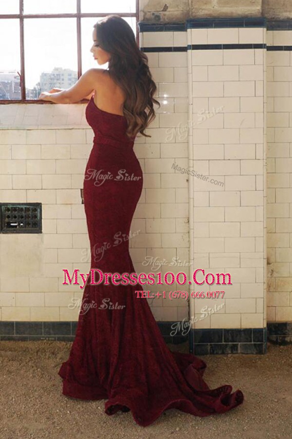 Mermaid Burgundy Evening Dress Sweetheart Sleeveless Sweep Train Lace Up