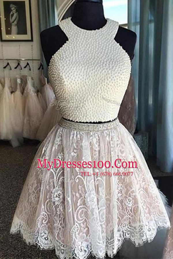 Custom Fit Halter Top White Sleeveless Lace Zipper Evening Gowns for Prom and Party