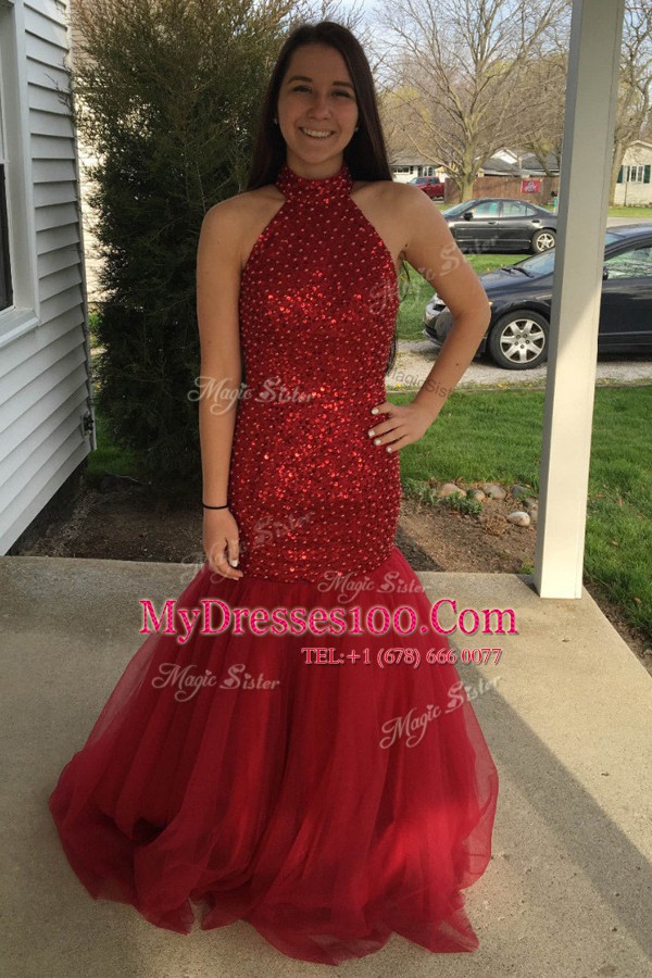 Stunning Mermaid High-neck Sleeveless Floor Length Sequins Red Tulle
