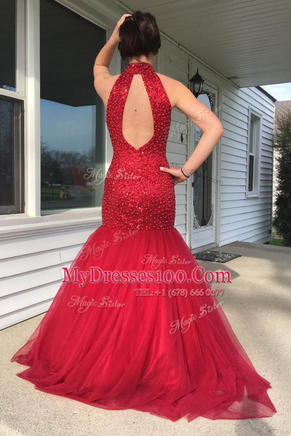 Stunning Mermaid High-neck Sleeveless Floor Length Sequins Red Tulle