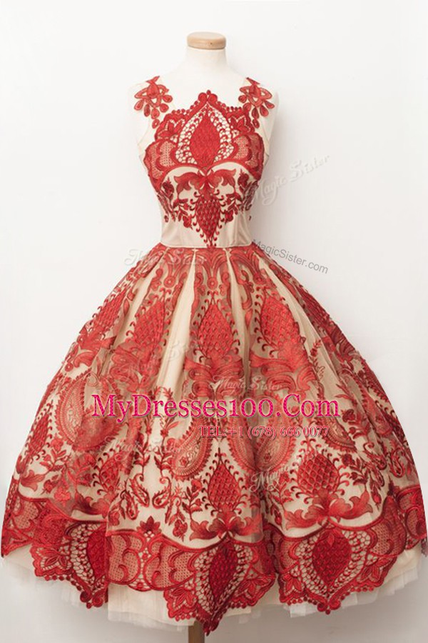 Popular Red Sleeveless Tulle Zipper Evening Dress for Prom and Party