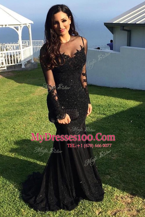 Mermaid Black Prom Dresses Scoop Long Sleeves Sweep Train Zipper