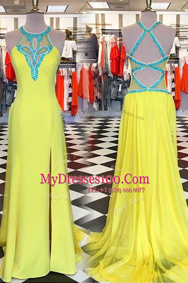 Classical Yellow Elastic Woven Satin Backless Scoop Sleeveless With Train Sweep Train Beading