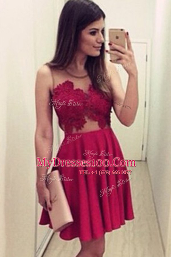 Amazing Scoop Knee Length Wine Red Prom Gown Satin Sleeveless Appliques