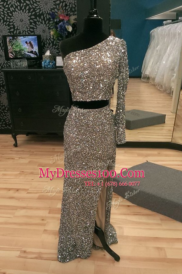One Shoulder Silver Zipper Evening Wear Beading Long Sleeves With Train Sweep Train