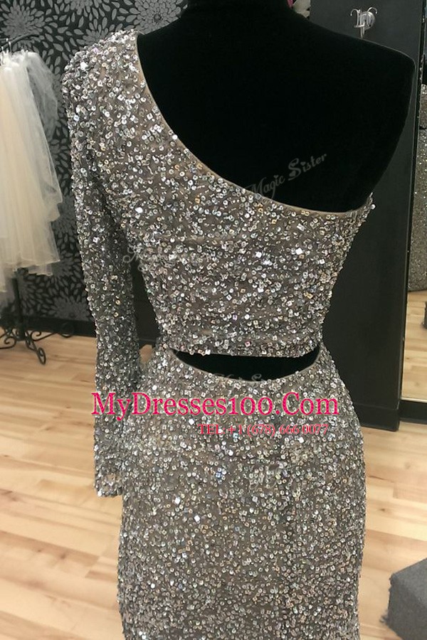 One Shoulder Silver Zipper Evening Wear Beading Long Sleeves With Train Sweep Train