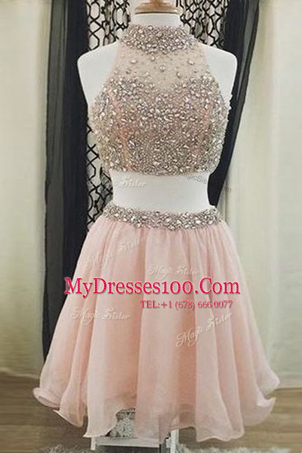 Sophisticated Halter Top Knee Length Two Pieces Sleeveless Peach Zipper