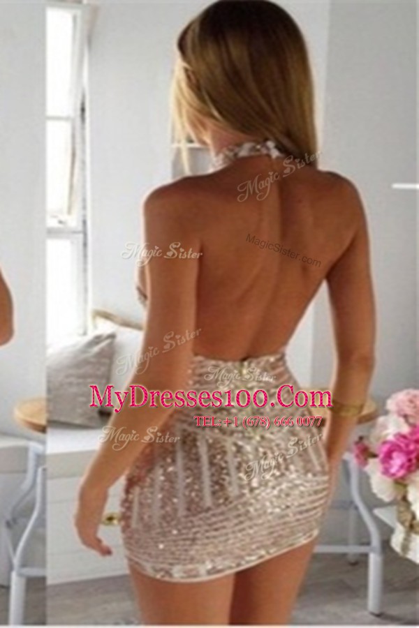 Discount Halter Top Sleeveless Mini Length Ruching Zipper Party Dress for Girls with Champagne