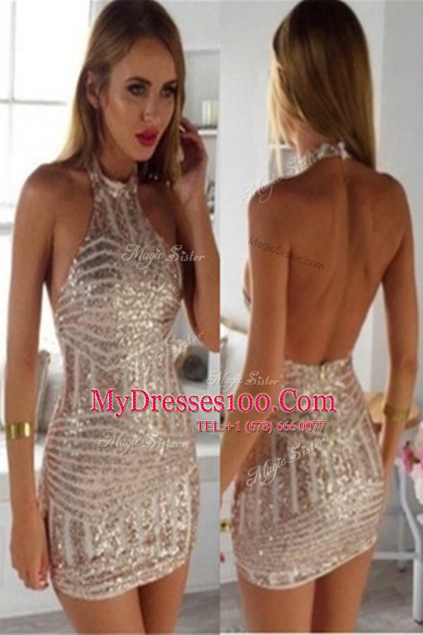 Discount Halter Top Sleeveless Mini Length Ruching Zipper Party Dress for Girls with Champagne