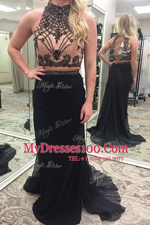 Chiffon High-neck Sleeveless Brush Train Backless Appliques and Belt Prom Party Dress in Black