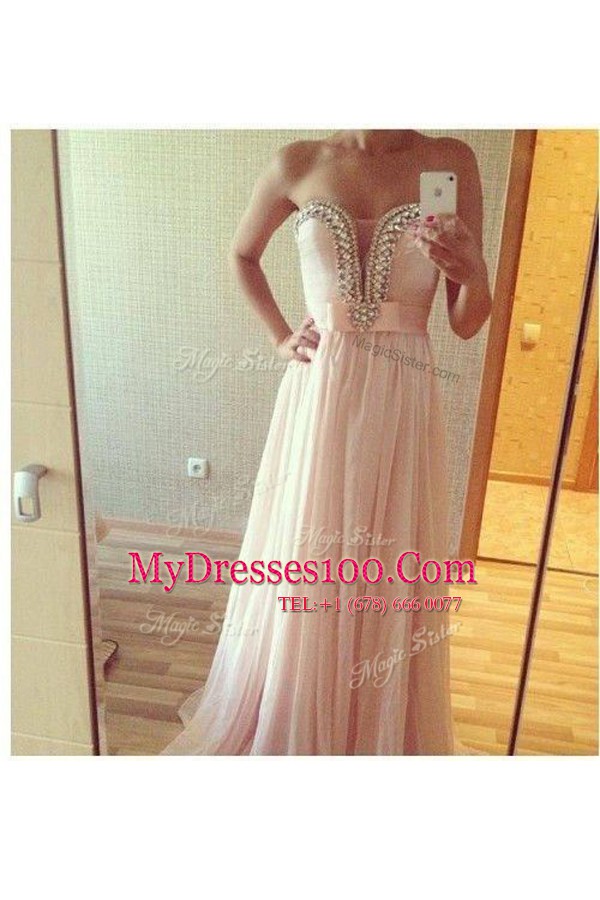 Pretty Pink A-line Beading Prom Dress Zipper Chiffon Sleeveless Floor Length