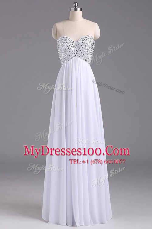 Fashion White Chiffon Lace Up Prom Dresses Sleeveless Floor Length Beading and Ruching