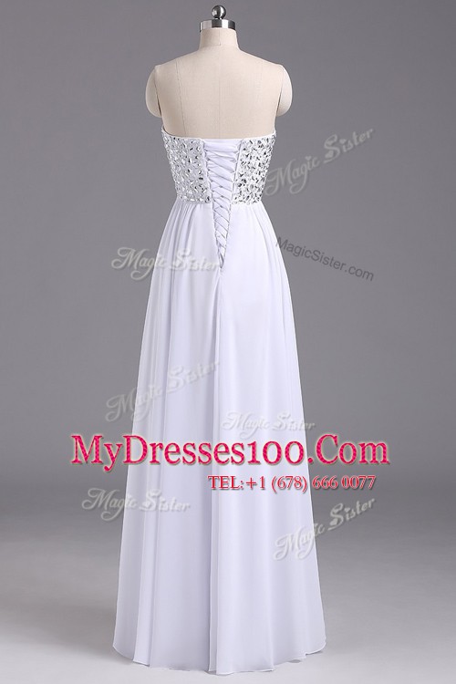 Fashion White Chiffon Lace Up Prom Dresses Sleeveless Floor Length Beading and Ruching