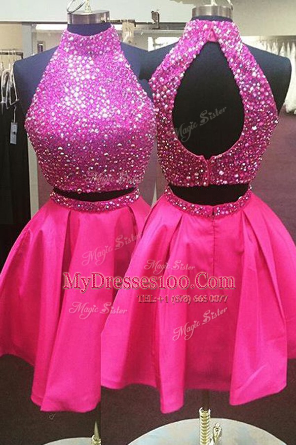Halter Top Mini Length Hot Pink Evening Dresses Organza Sleeveless Beading