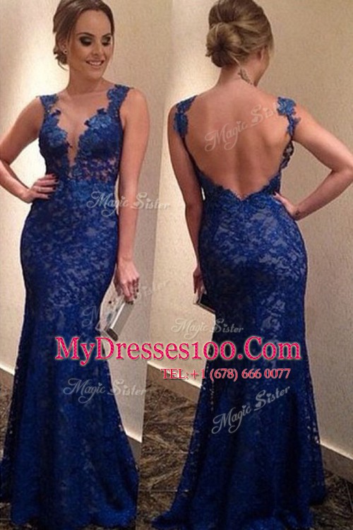 Extravagant Blue Lace Backless V-neck Sleeveless With Train Womens Evening Dresses Brush Train Lace