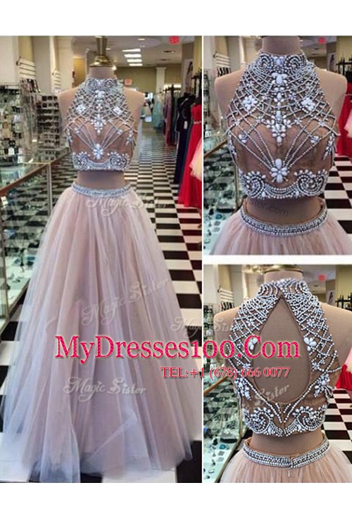 Gorgeous Beading Evening Gowns Pink Zipper Sleeveless Floor Length