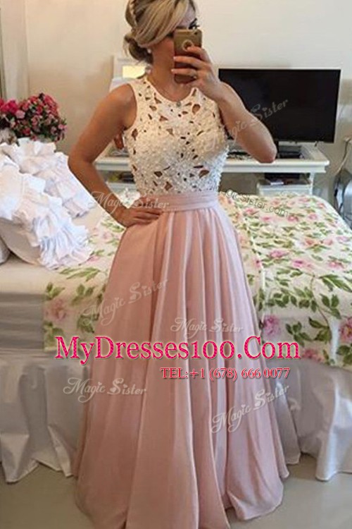 Beauteous Scoop Pink Sleeveless Floor Length Lace Side Zipper Prom Gown