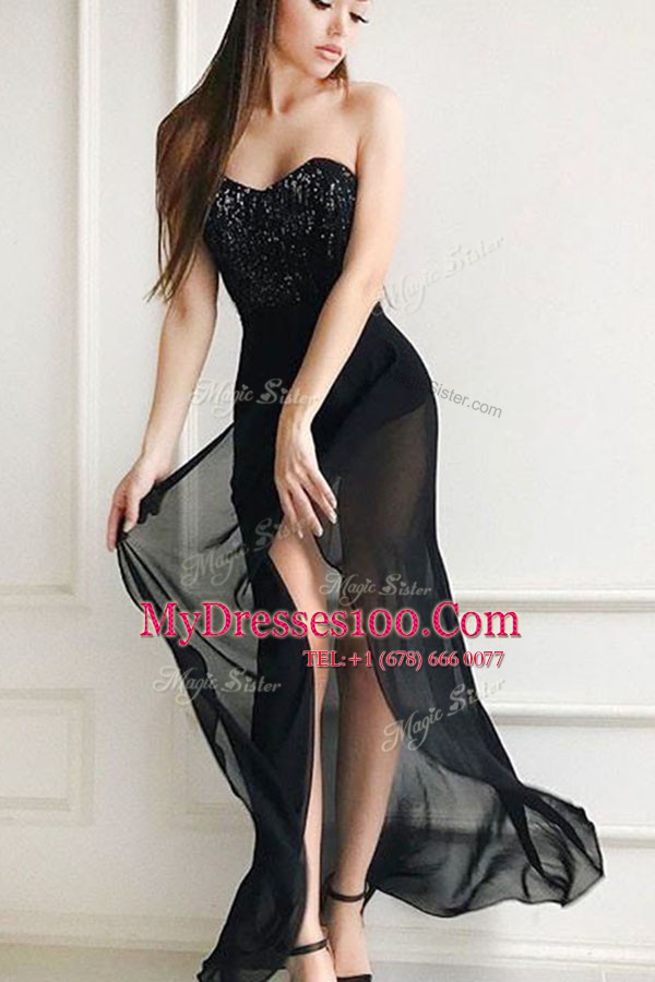 Black Chiffon Lace Up Sweetheart Sleeveless Floor Length Evening Gowns Sequins