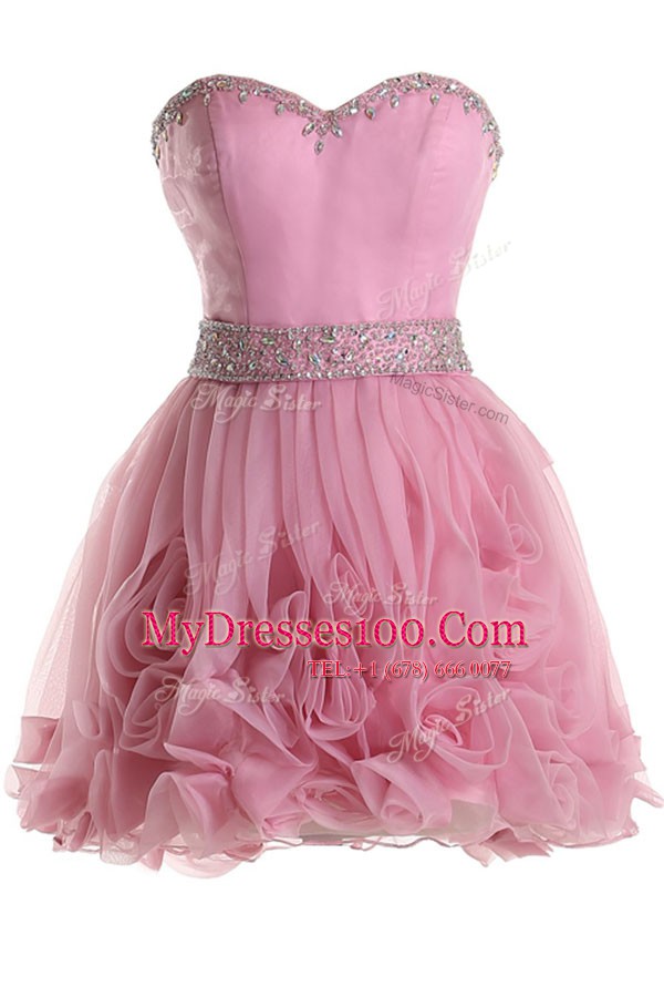 Unique Pink Sleeveless Beading Knee Length Prom Gown
