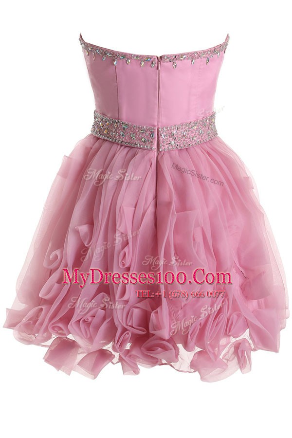 Unique Pink Sleeveless Beading Knee Length Prom Gown
