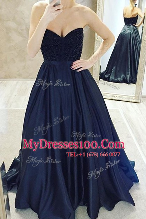 Sleeveless Belt Zipper Prom Dresses with Navy Blue Sweep Train