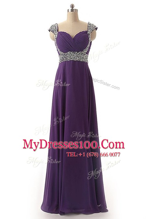 Fashion Cap Sleeves Floor Length Beading and Ruching Lace Up Prom Dress with Purple