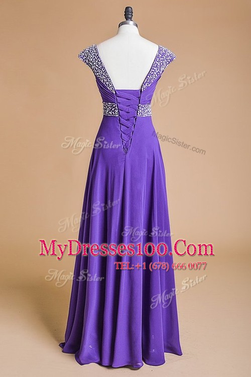 Fashion Cap Sleeves Floor Length Beading and Ruching Lace Up Prom Dress with Purple