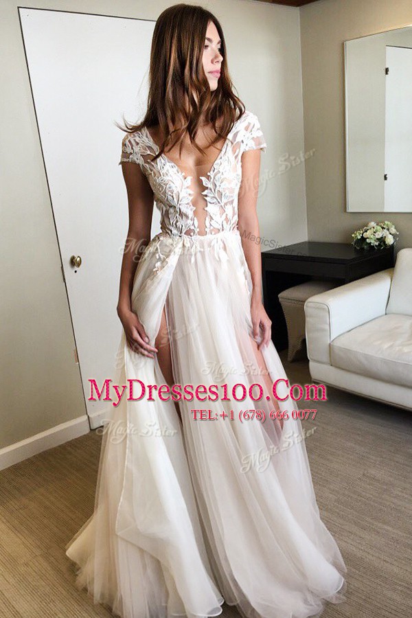 White Cap Sleeves Lace Floor Length Prom Dress