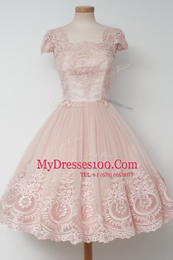 Elegant A-line Womens Evening Dresses Baby Pink Square Tulle Cap Sleeves Tea Length Zipper