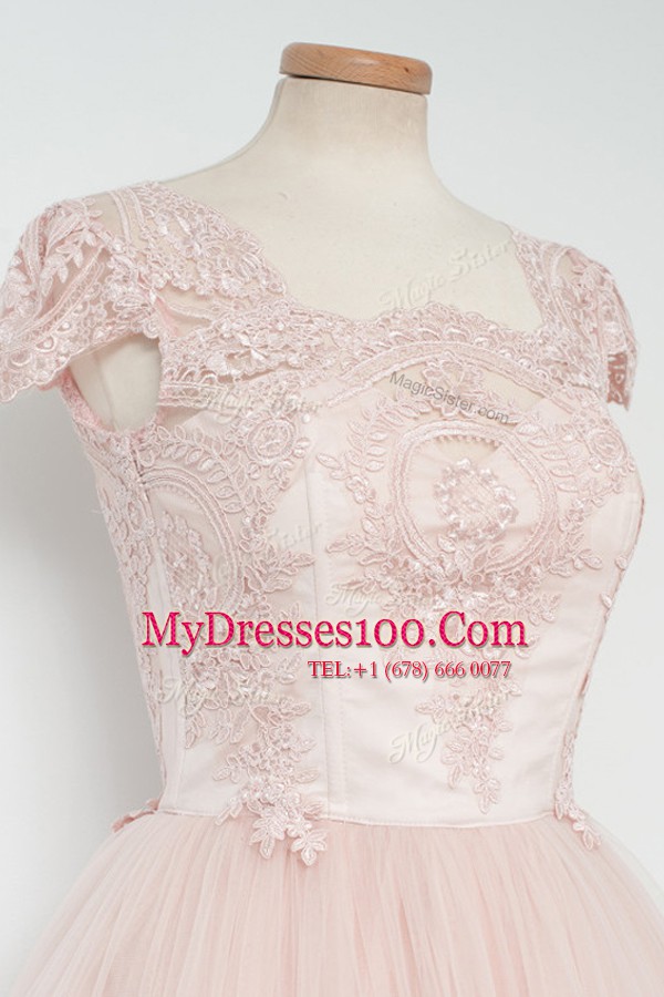 Elegant A-line Womens Evening Dresses Baby Pink Square Tulle Cap Sleeves Tea Length Zipper
