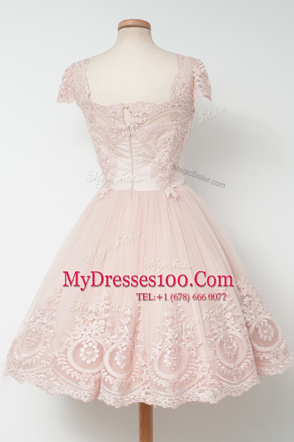 Elegant A-line Womens Evening Dresses Baby Pink Square Tulle Cap Sleeves Tea Length Zipper
