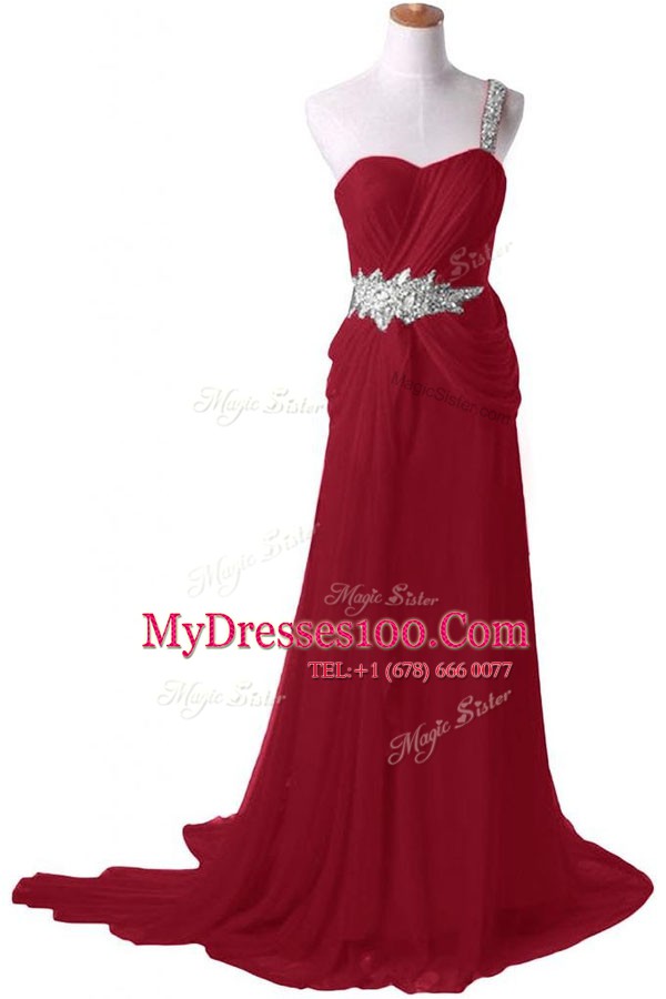 One Shoulder With Train Burgundy Prom Dresses Chiffon Watteau Train Sleeveless Beading
