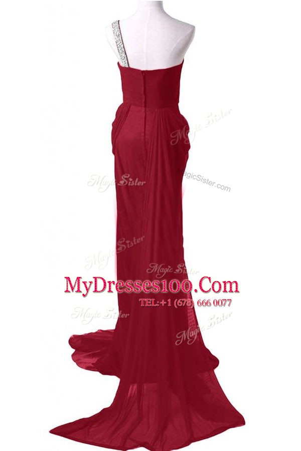 One Shoulder With Train Burgundy Prom Dresses Chiffon Watteau Train Sleeveless Beading