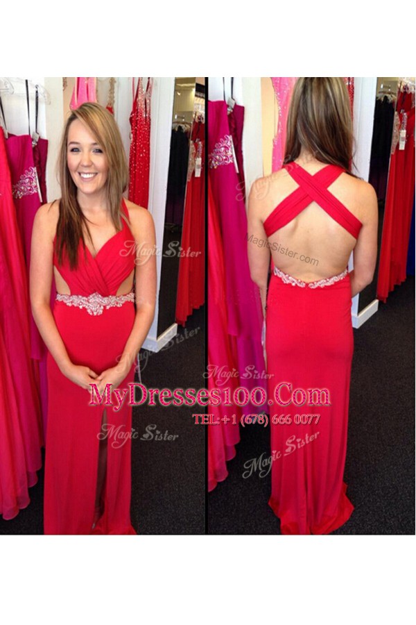 Attractive Floor Length Red Dress for Prom Chiffon Sleeveless Beading