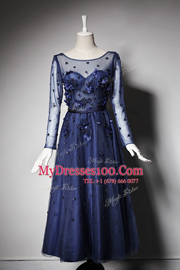 Fancy Navy Blue A-line Scoop Long Sleeves Tulle Tea Length Zipper Beading and Hand Made Flower Prom Gown
