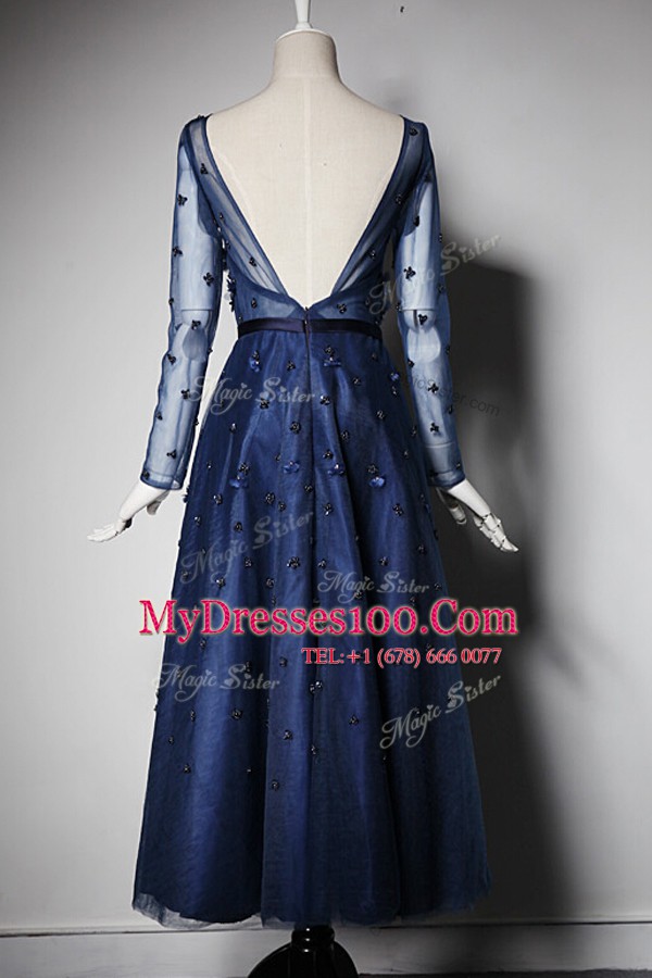 Fancy Navy Blue A-line Scoop Long Sleeves Tulle Tea Length Zipper Beading and Hand Made Flower Prom Gown