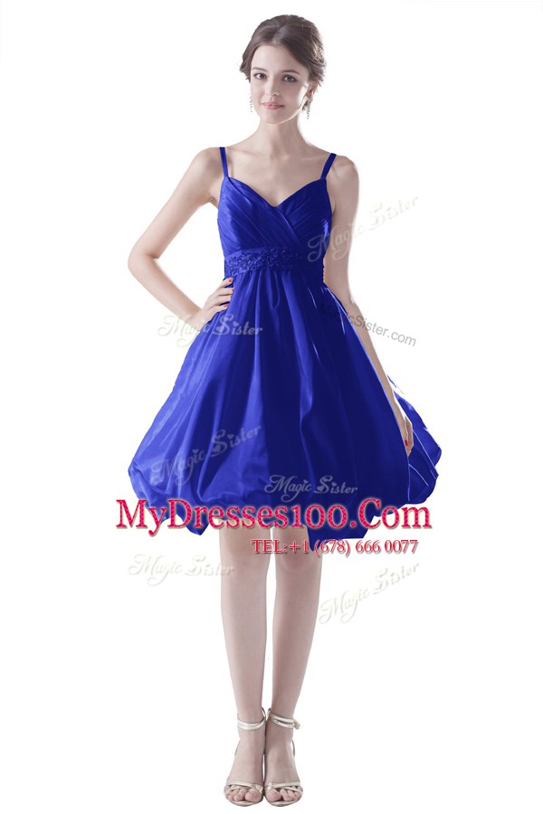 Eye-catching Royal Blue A-line Satin Spaghetti Straps Sleeveless Beading Knee Length Zipper Evening Dresses