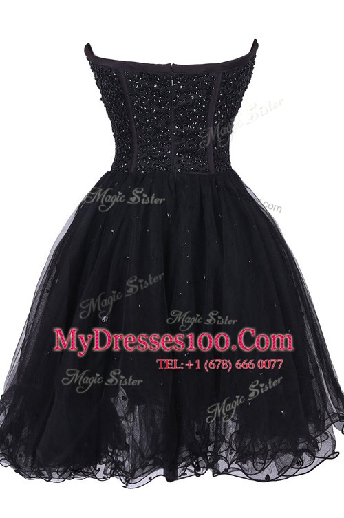 Black A-line Sequins Evening Dress Criss Cross Tulle Sleeveless Knee Length