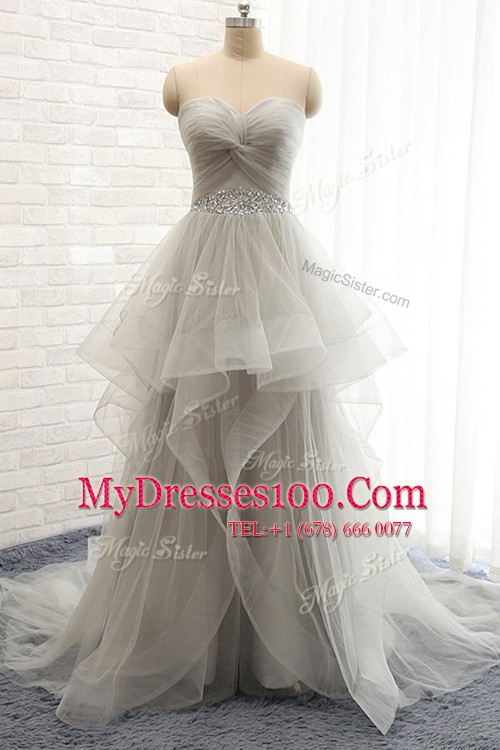 Sweetheart Sleeveless Tulle Prom Evening Gown Beading Court Train Lace Up