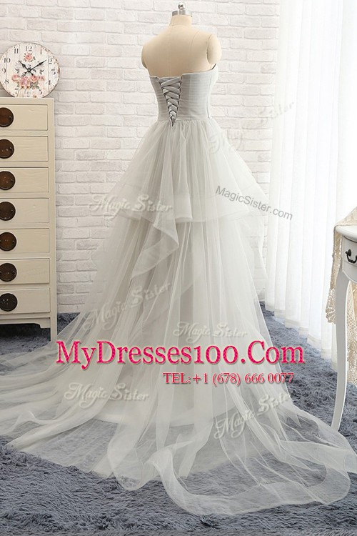 Sweetheart Sleeveless Tulle Prom Evening Gown Beading Court Train Lace Up