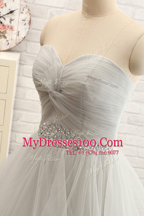 Sweetheart Sleeveless Tulle Prom Evening Gown Beading Court Train Lace Up