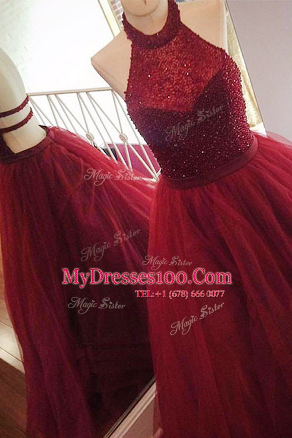Fine Halter Top With Train Backless Dress for Prom Burgundy for Prom with Beading Sweep Train