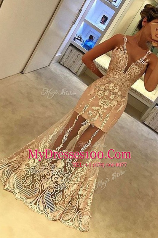 Beauteous Mermaid Floor Length Zipper Prom Evening Gown Champagne for Prom with Appliques