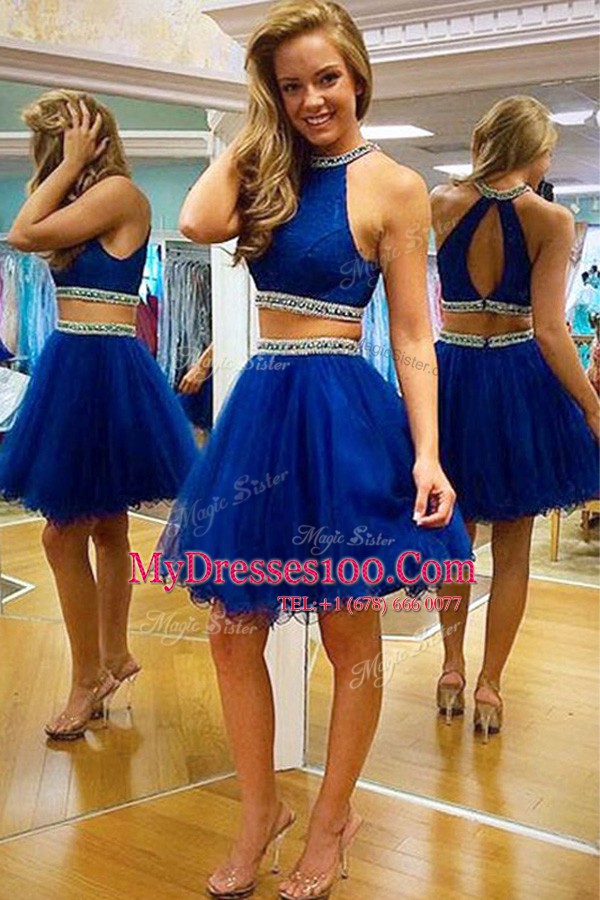 Halter Top Royal Blue Sleeveless Knee Length Beading Zipper Womens Evening Dresses
