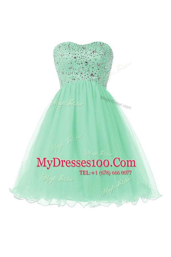 Deluxe Apple Green Tulle Lace Up Sweetheart Sleeveless Knee Length Evening Dress Beading