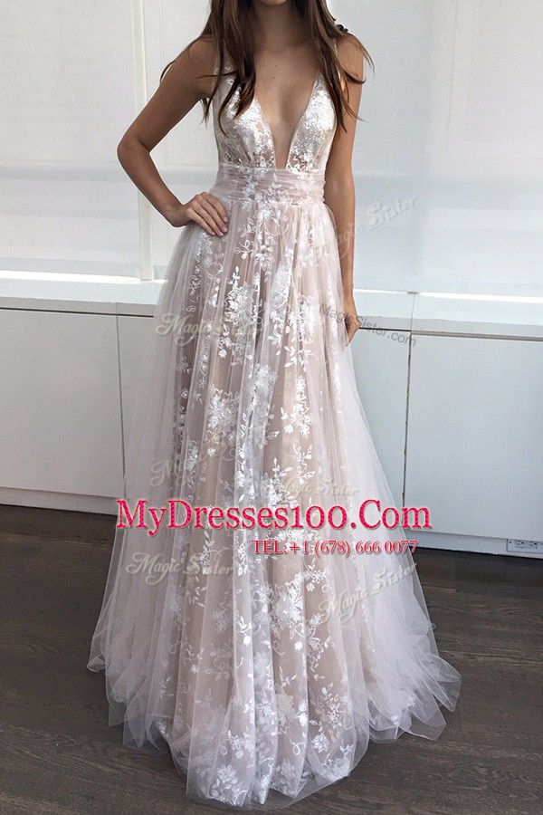 Sleeveless Zipper Floor Length Lace Prom Party Dress